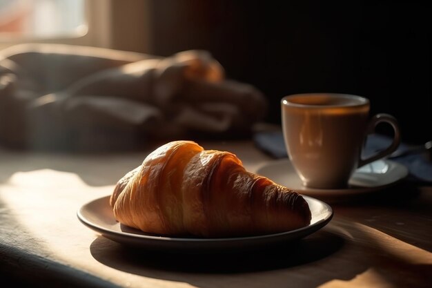 Café e croissants na mesa.