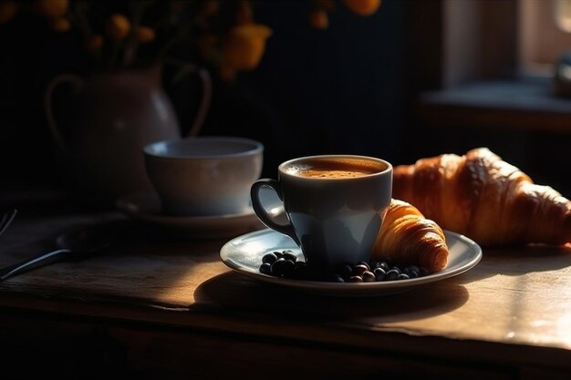 Café e croissants na mesa.