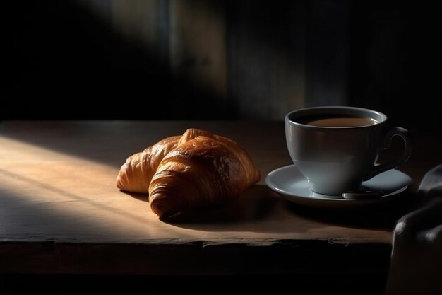 Café e croissants na mesa.