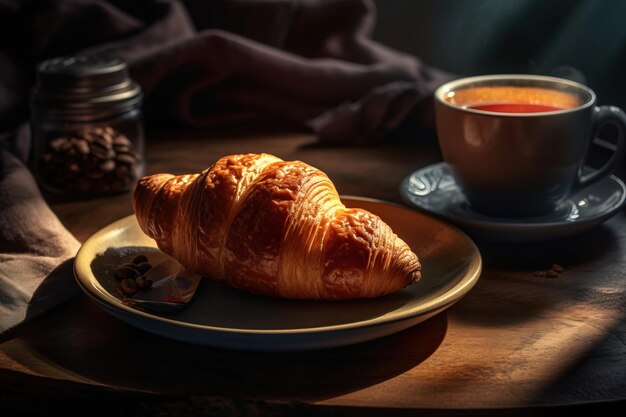 Café e croissants na mesa.