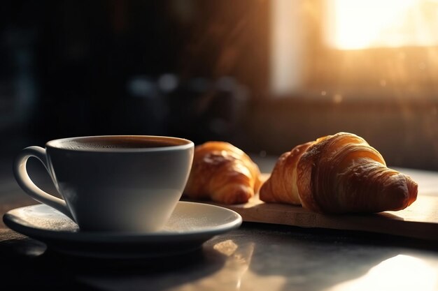 Café e croissants na mesa.