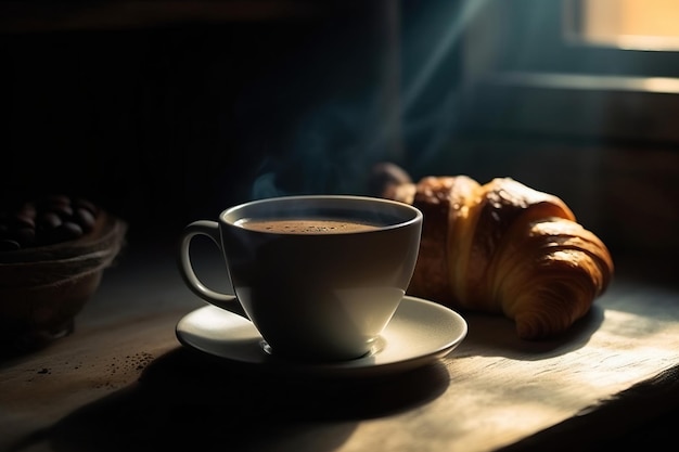 Café e croissants na mesa.