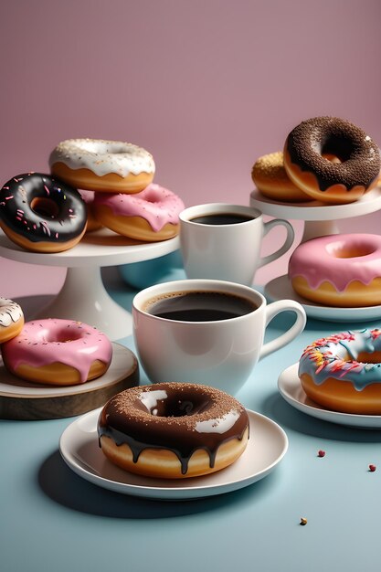 Café e Donuts em tamanhos pequenos, médios e grandes com vários tipos de coberturas e cuidadosamente dispostos