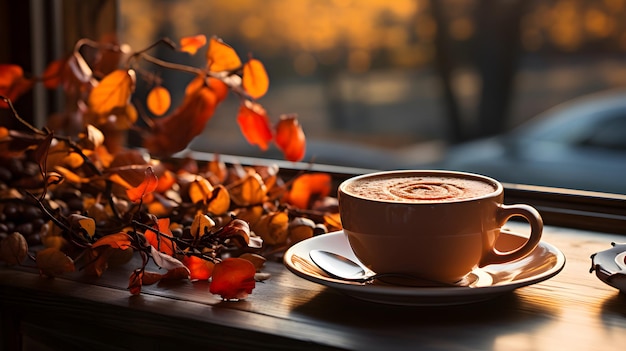 café e folhas de outono