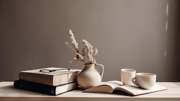 Café e fundo minimalista do livro Ilustração AI GenerativexA