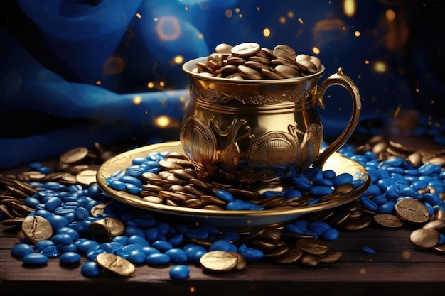 café e grãos de café azul e dourado