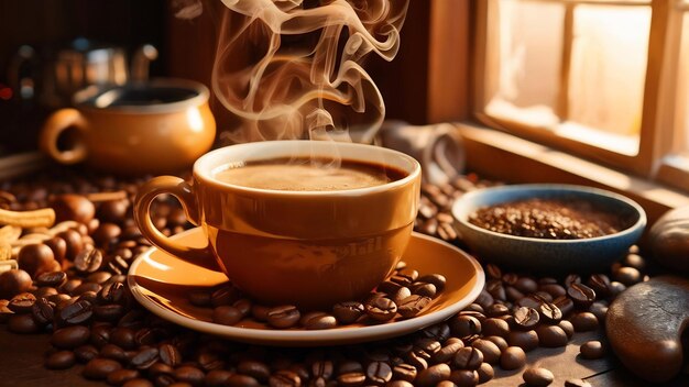 Café e grãos de café pela manhã