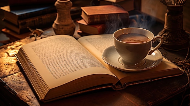Café em cima de um livro antigo com estilo vintage gerado por IA
