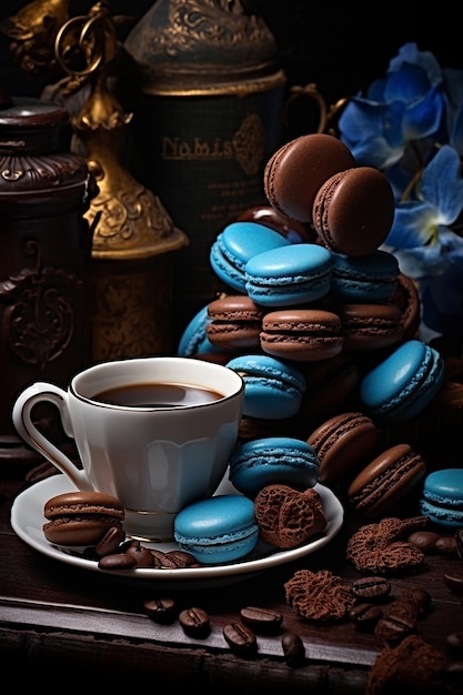 Café em copo branco com macarrão azul e chocolate