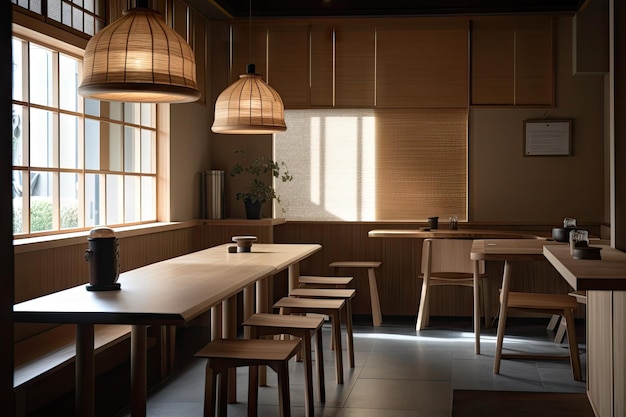 Café em estilo japonês com interior minimalista e móveis de madeira criados com ai generativa