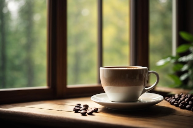 Café em uma caneca branca em um restaurante com vista pela janela