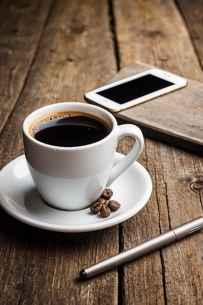 Café em uma xícara branca em uma velha mesa de madeira e um smartphone