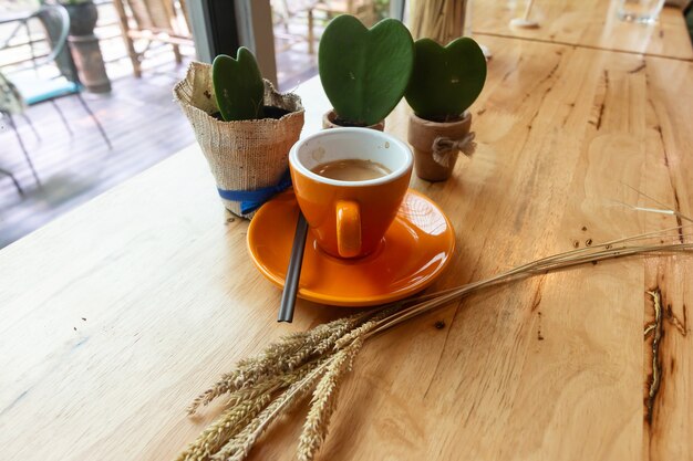 Café em uma xícara e cacto em forma de coração na mesa de madeira