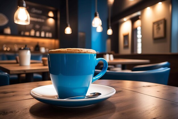 Foto café em xícara azul em mesa de madeira em café com fundo de iluminação