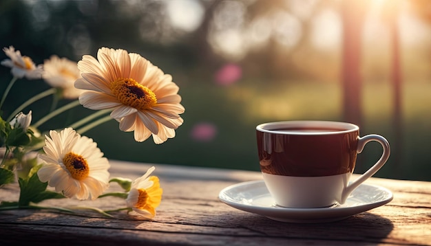 Café em xícara na mesa de madeira com flores na primavera calma e relaxa café quente Generative AI