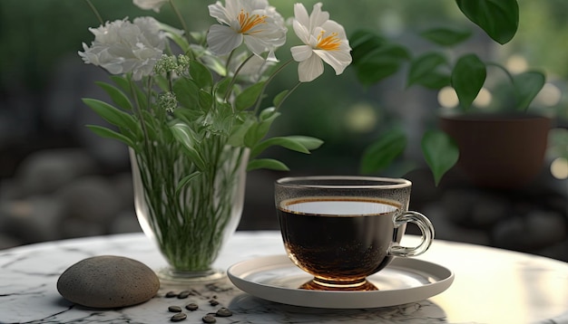 Café em xícara na mesa de madeira com flores na primavera calma e relaxa café quente Generative AI