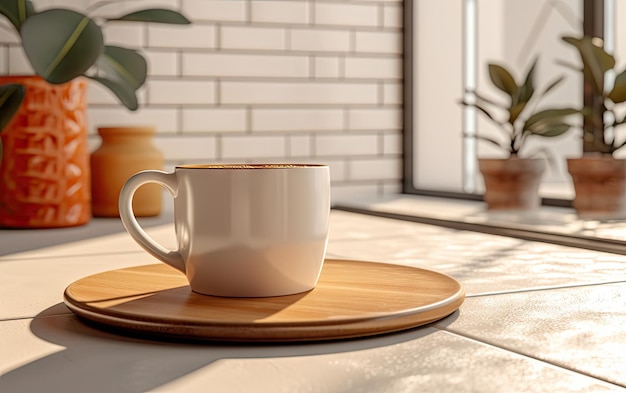 Café en la encimera de la cocina contra un interior minimalista borroso con muebles modernos Enfoque selectivo en pastelería casera y bebida de té en una taza en la mesa de madera copia espacio web banner
