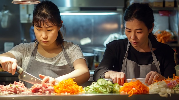 Café de ensaladas en Corea dos empleadas concentrándose atentamente en sus tareas Cuchillo de chef afilado en la mano ingredientes delicadamente juliening