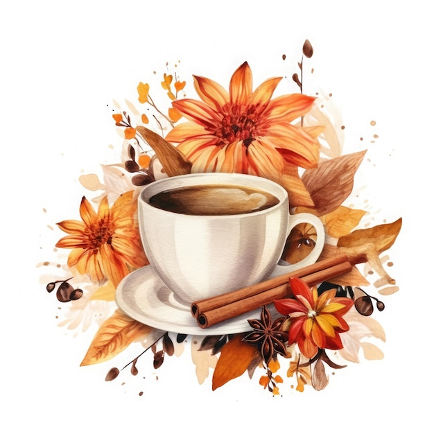 café, especiarias e flores de outono, aquarela com fundo branco.