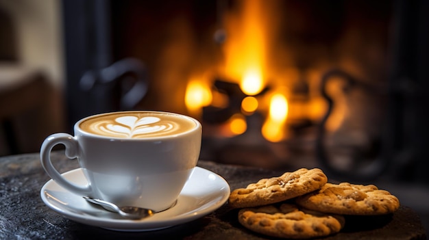 Café espumoso con galletas junto a la chimenea