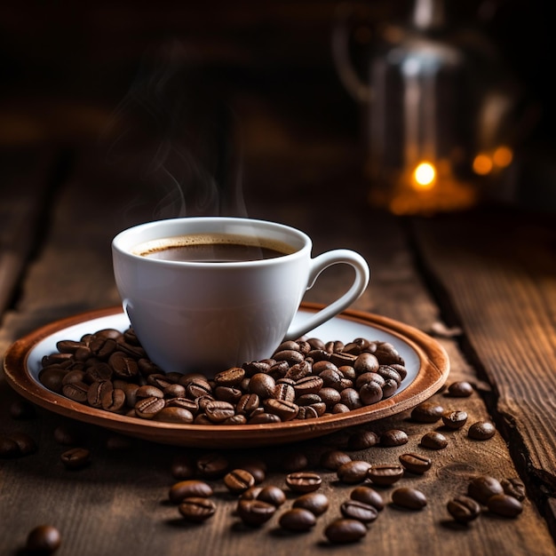 Café expreso caliente y granos de café tostados en un mostrador de madera con un fondo oscuro