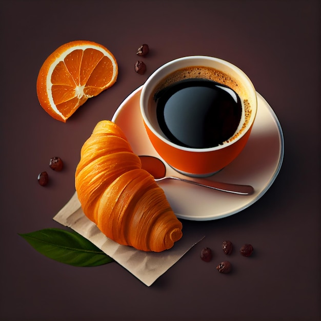 Café expresso preto matinal com Croissant e IA generativa de geléia
