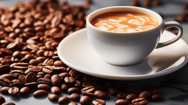 café expresso quente e grão de café na mesa branca Generative Ai