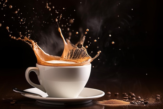 Café foto aromático espirrando em uma xícara de cappuccino