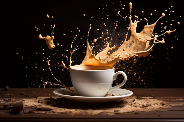 Café foto aromático espirrando em uma xícara de cappuccino