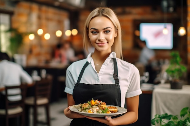 Café-Frau lächelt drinnen, Kellner, Porträt, Essen, stehend, Job, Restaurant, generative KI