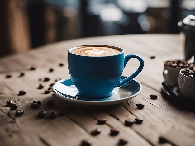 Café fresco em xícara azul em mesa de madeira em uma cafeteria