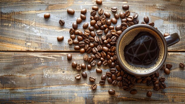 Café fresco em xícara rústica com grãos de café assados espalhados sobre uma mesa de madeira