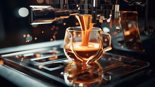 El café fresco que se vierte de la máquina de espresso al amanecer