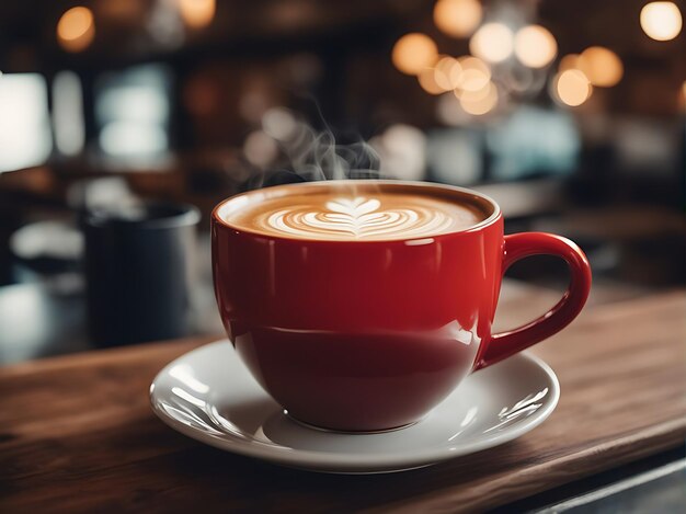 Foto café fresco en taza azul en una mesa de madera en una cafetería