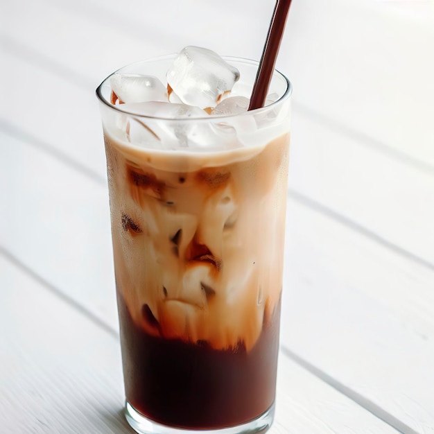 Café gelado com leite de coco em um copo alto na mesa de madeira branca