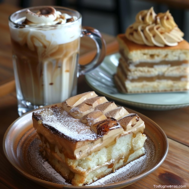 Café gelado e bolo numa mesa de madeira