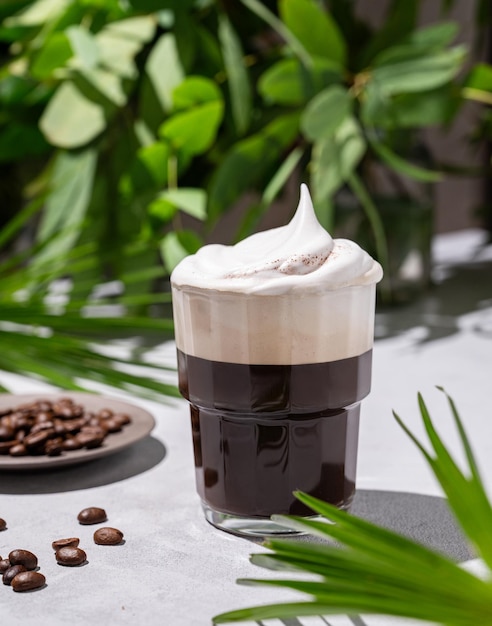 Café gelado em um copo com espuma em um fundo claro com grãos de café e sombras matinais em galhos tropicais conceito de refresco de verão