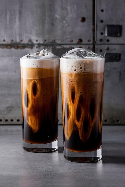 Café gelado refrescante em copos altos com leite ou creme em fundo cinzento