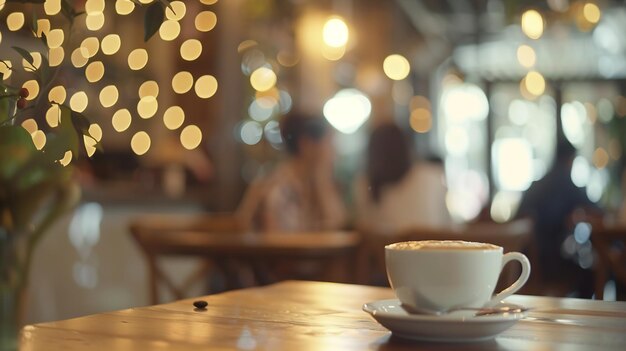 Café y gente sentada en la mesa fondo borroso con imagen bokeh IA generativa