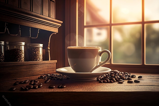 Foto café y granos de café por la mañana