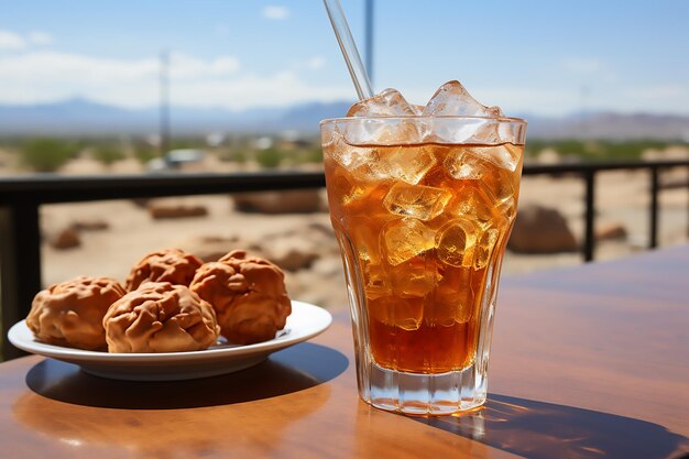 Foto café helado camello del desierto en la mesa de fondo bebiendo