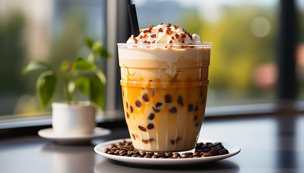 Café helado con crema batida y granos de café en la mesa