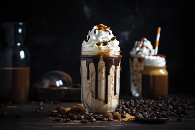 Café helado cubierto con cabeza espumosa y llovizna de jarabe de chocolate creado con inteligencia artificial generativa