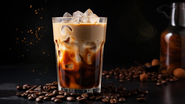 Café helado con cubos de hielo y granos de café sobre un fondo negro