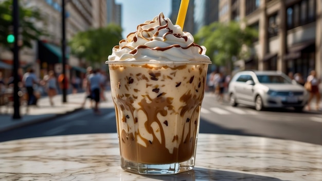 Café helado en la mesa de la calle de la ciudad