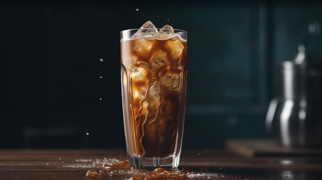 Café helado en un vaso alto con crema vertida sobre cubitos de hielo y frijoles IA generativa