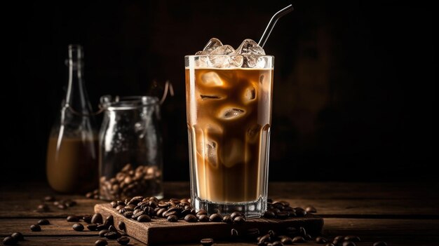 Café helado en un vaso alto con crema vertida sobre cubitos de hielo y frijoles IA generativa