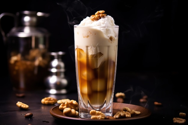 Café helado en un vaso alto cubierto con crema