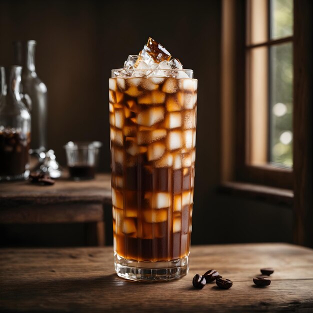 Café helado en vaso alto sobre mesa de madera rústica