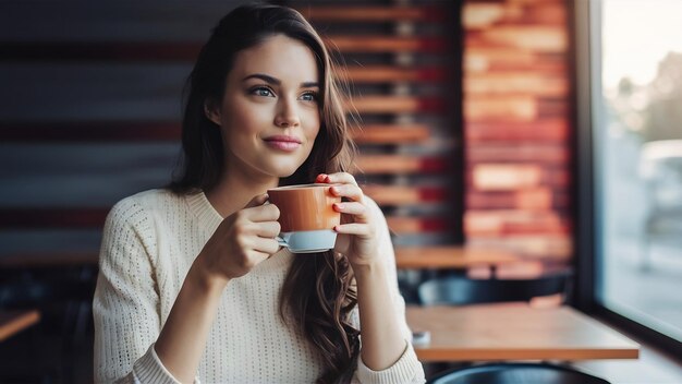 Café hermosa chica bebiendo té o café en la cafetería